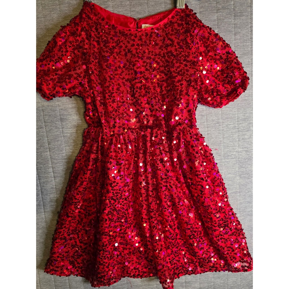 1448 Cat & Jack Girl Red Sequin Short Sleeve Party Dress Sz S 6/7 Holiday fest
